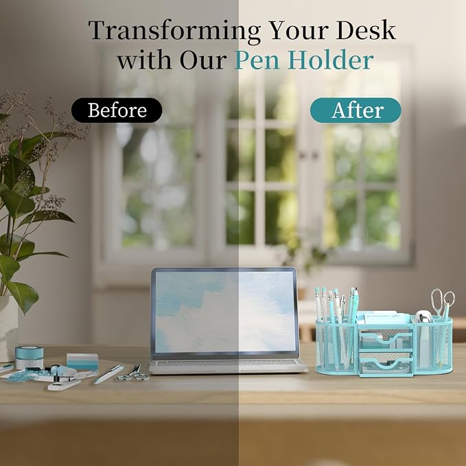 Mesh Desk Organizer, Desk Organizers and Accessories, Pen Holder with Drawers, Pencil Holder for Desk with 2 Drawer for Office Supplies, Blue