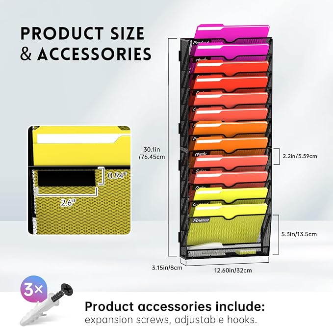13-Tier Wall File Organizer with Base and Hooks, Hanging Organizer, Black | Wall Organizer and Wall File Holder with 13 Vertical Pockets and Bottom Tray for Files, Mail, Folders, Magazines and Paper