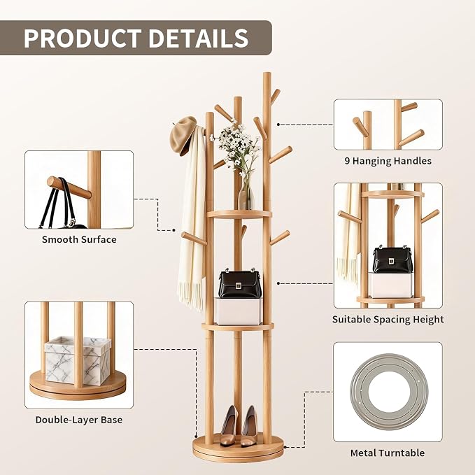 Solid Wood Rotary Coat Rack, Coat Rack Freestanding with 3 Storage Shelves & 9 hooks, Coat Tree for Entryway, Livingroom, Bedroom, Coat Hanger Stand for Coats, Scarves, Handbags, Hat (Natural)