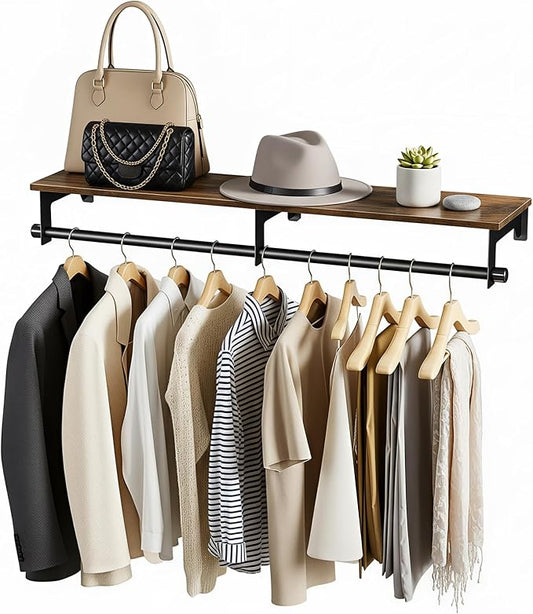 Luxspire 43.3" Wall Mount Clothes Rack with Wood Top Shelf Hanging Clothes | Black + brown, heavy duty rust-resistant metal, extra top shelf decor storage, easy install on wood brick walls