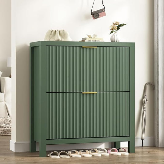YOMILUVE Fluted Shoe Storage Cabinet with 2 Flip Drawers, Freestanding Shoe Organizer, Hidden Slim Narrow Shoe Rack for Entryway, Hallway, Green