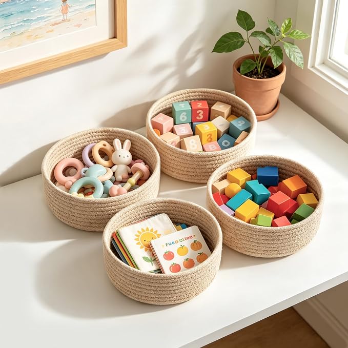 Dahey 4 Pcs Small Woven Storage Baskets for Gifts, 8.66"W x 3.15"H, Beige | Soft Odor-Free Cotton Rope, Open-Top, Tiny Round Basket, Multi-Use Organizing, Holds Cosmetics Keys for Bathroom Home Shelves