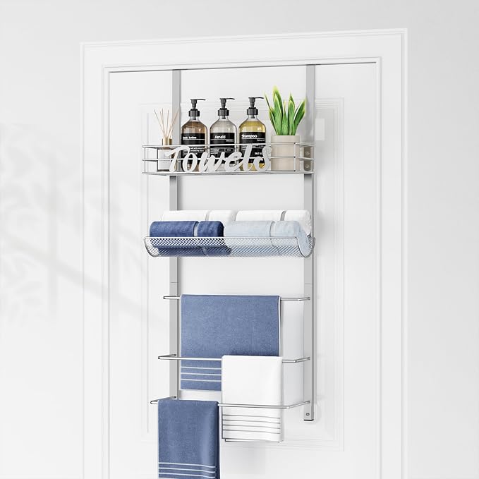 SWTYMIKI Over the Door Towel Racks for Bathroom - 5-Tier Wall Mounted Bathroom Towel Storage Organizer Holder with Metal Shelf, Sliver