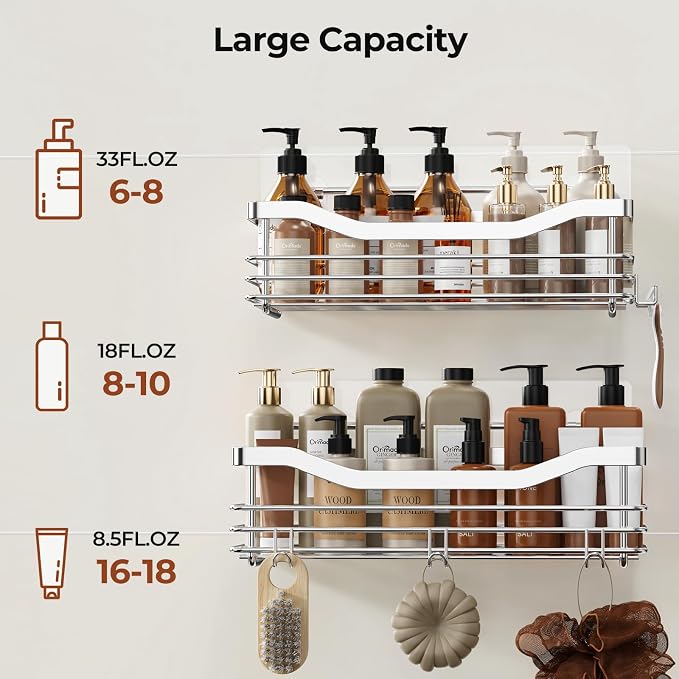 Orimade Shower Caddy Basket Shelf Storage Rack Pack of 2, No Drilling Wall Mounted Adhesive Rust Resistant Stainless Steel Shower Organizer with 5 Hooks for Bathroom, Toilet, Kitchen