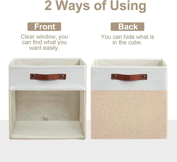 Storage Cubes, 4 Pack Linen Foldable Storage Bins (13 x 13 inch) with Clear Window and Handles, Fabric Organizer for Shelf Closet, Clothes, Books - (Beige and White)