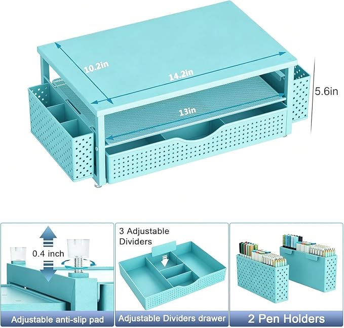 Spacrea Desk Organizer and Accessories, Computer Monitor Stand Riser with Drawer and 2 Pen Holders, Office Desk Accessories & Workspace Organizers for Office Supplies (Blue)