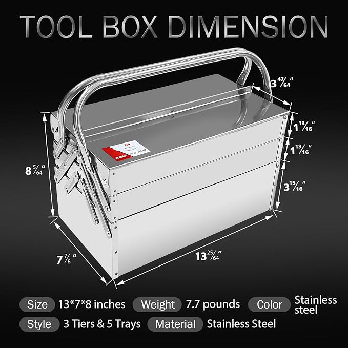YATOINTO 13" 3-Tier 5 Tray Fold Out Stainless Steel Cantilever Tool Box | Blue Protective Film Design, Carbon Steel Material, Portable Tool Storage Box Organizers w/Handle for Home Studio Auto Repair