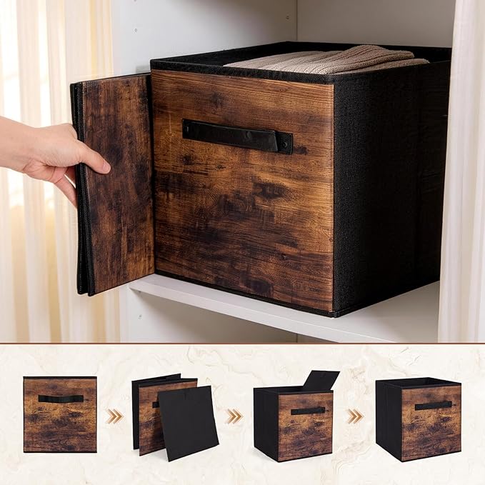 11 Inch Fabric Storage Cubes, 8 Pack Foldable Storage Bins with Handle, Fabric Cube Box for Shelves, Closet, Bedroom, Living Room, Organizer, Rustic Brown and Ink Black