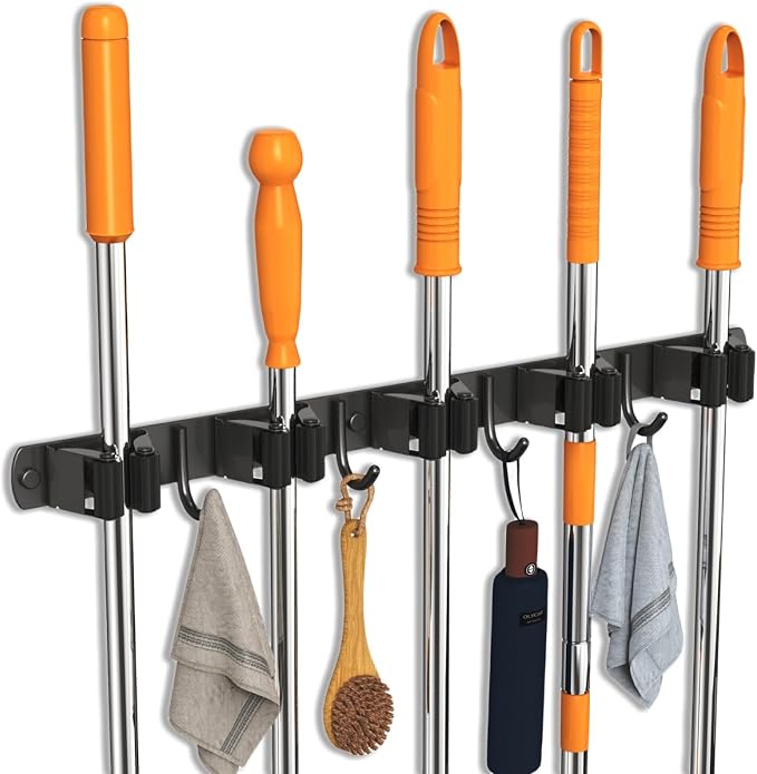 CUXIXA Mop and Broom Holder Wall Mount, Upgraded Broom Organizer Wall Mount, Stainless Steel Broom Hanger Wall Mount for Home Kitchen Garden Laundry Garage (5 Racks with 4 Hooks Black)