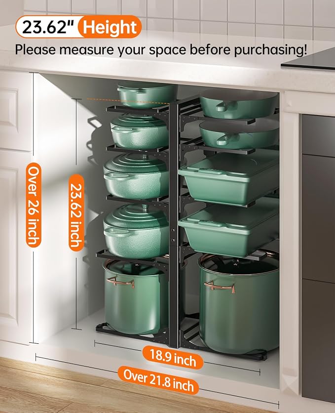 Pots and Pans Organizer Under Cabinet 23.6" 10-Tier Adjustable Black | 2 DIY Modes, Tool-Free Assembly, Max 150 Lbs, Fits Large Stockpots, Cast Iron Pans & Heavy Cookware, For Kitchen Cabinets