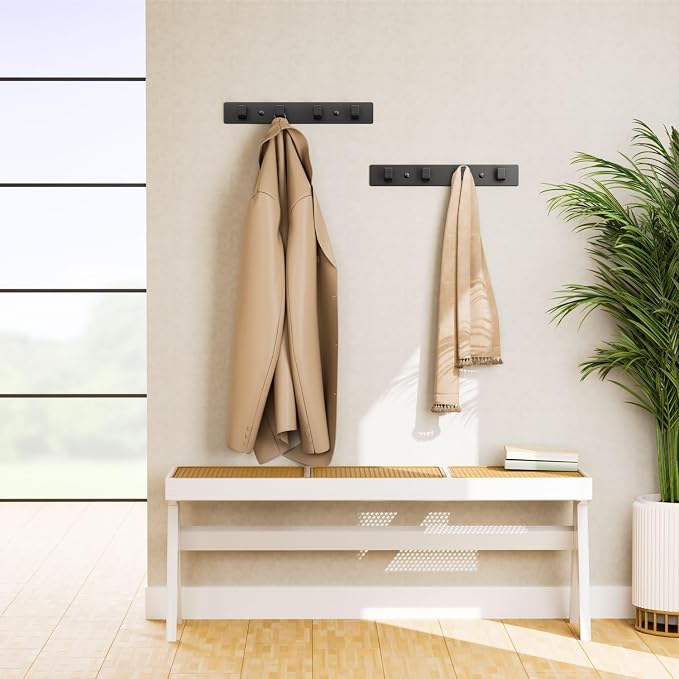 Black Coat Rack Wall Mount - 12.5" Rail with 4 Right-Angle Hooks(2 Pack) | Drill-Mounted Organizer for Coats, Hats, Bags in Entryway, Bathroom, Bedroom