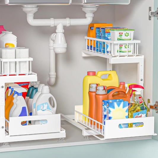 2-Pack L-Shaped Under Sink Organizer, 2-Tier Pull-out Cabinet Rack | White Height-Adjustable Metal Rack, Sliding Grid Drawers with Safety Stopper, Holds 100 Lbs, Ideal Kitchen Cabinet Storage