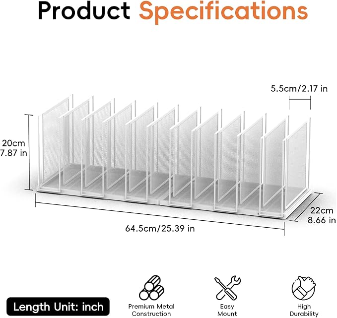 File Organizer For Desk, 11 Section Metal Desk File Sorter, White | Desk file organizer, connectable 11 section design, 2.17 in spacing, vertical folder storage for home office and classroom