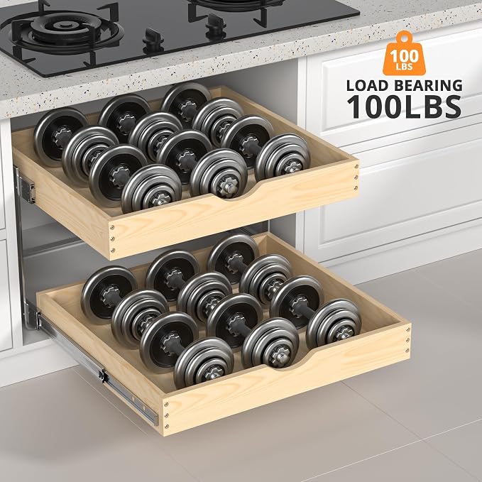 21" Deep 2-Tier Pull Out Cabinet Organizer - Wood Pull Out Drawers | Slide Out Shelves, Full-Extension, Ball-Bearing Slides, 3 Adjustable Heights (2-Tier, 23'W X 21''D Overall)