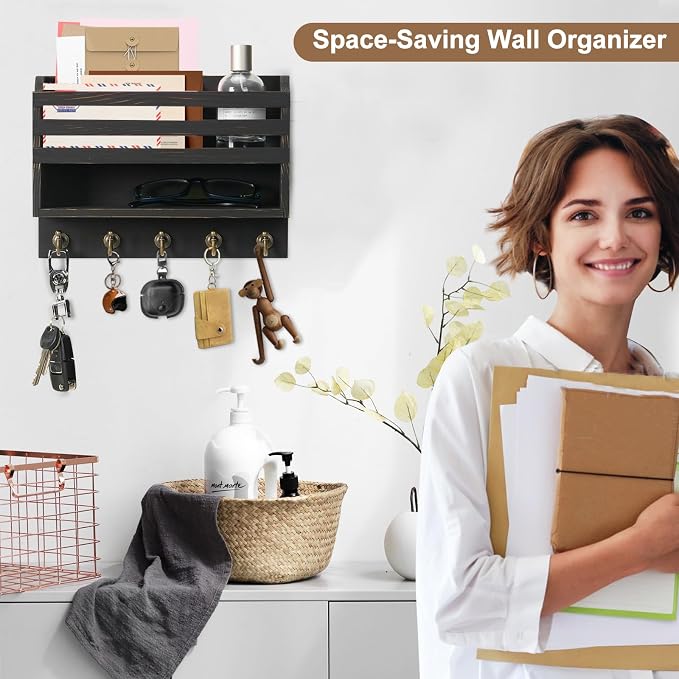 Key Holder Wall Mount with Mail Organizer, 5 Key Hooks, Black | Wood Mail Organizer Wall Mounted with 5 Key Hooks & Storage Box and Mail Organizer for Entryway, Apartment, Home and Office