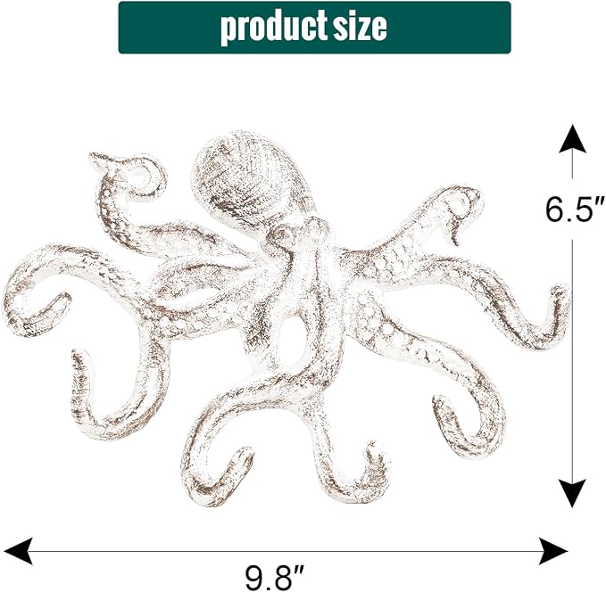 Sungmor Cast Iron Key Holder for Wall, White Octopus Hanger with 6 Hooks, | Wall Hooks for Towel, Bathrobe, Necklaces, Purse, Dog Leashes, Bathroom Nautical Decor