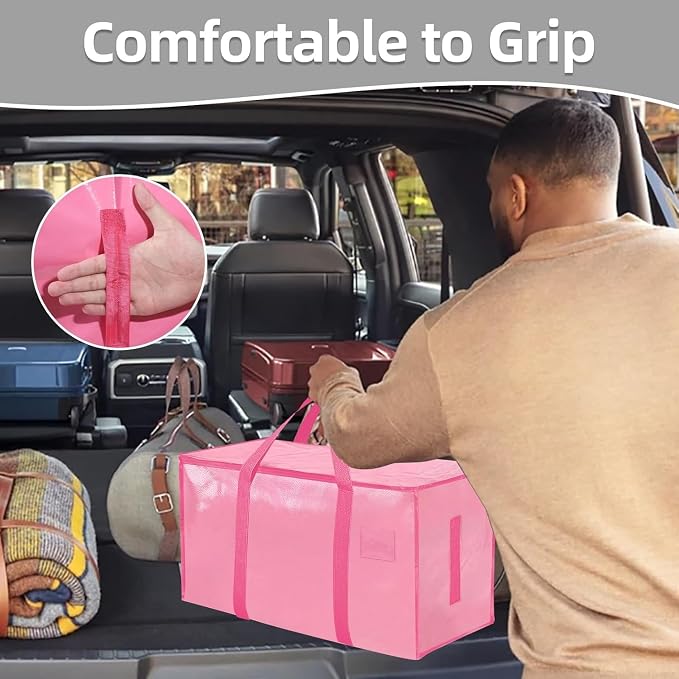 16 Pack-Extra Large Heavy Duty Moving Bags - Waterproof Storage Totes with Handles & Zippers, Foldable for College Dorm, Storage (Pink)