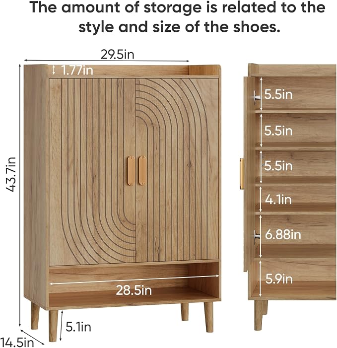 Smuxee Oak Shoe Cabinet with Line Groove Design, 6-Tier Shoe Storage Cabinet with Adjustable Shelves, Freestanding Shoe Organizer Cabinet for Entryway, Hallway, Closet, Living Room