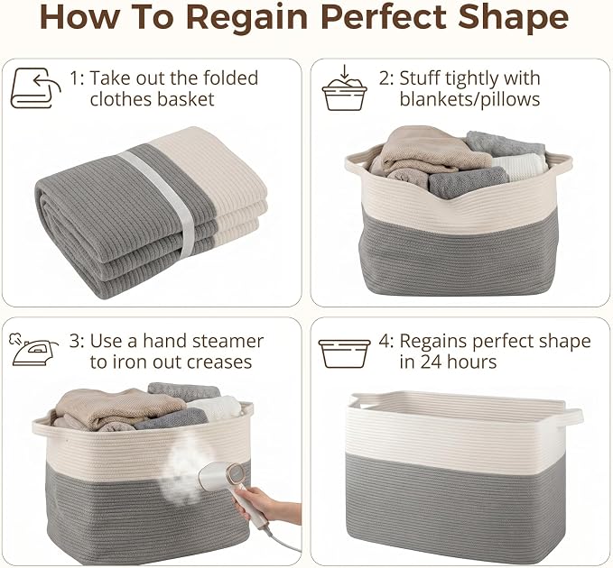 OIASKET 108L Cotton Rope Storage Basket for Living Room and Bedroom 25"x16"x16" Woven Laundry Basket, Heavy Duty Bin for Blankets, Pillows & Toys, Pet-Safe & Scratch-Free, Grey and White