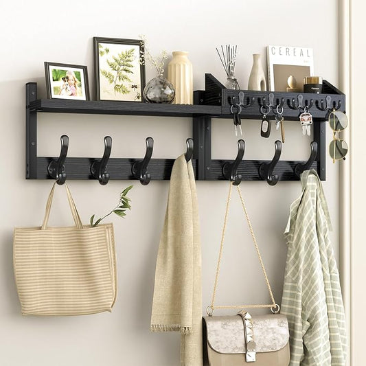 Evermagin 29" Coat Rack Wall Mount with Shelf for Entryway, Black | Wall Mounted Coat and Key Rack with Hooks, Key Holder with Mail Organizer for Wall, Living Room, Mudroom, Bedroom