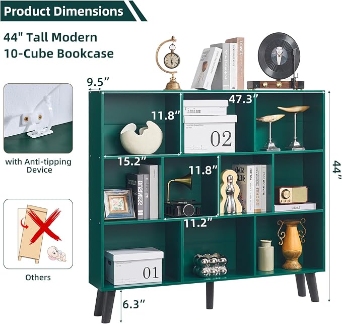 LEYAOYAO 10 Cube Bookshelf,Mid-Century Modern Bookcase with Legs,Dark Green | 3 Tier Book Shelf,Rustic Wood Bookshelves Freestanding Large Storage Organizer, Open Shelves for Bedroom, Living Room, Office