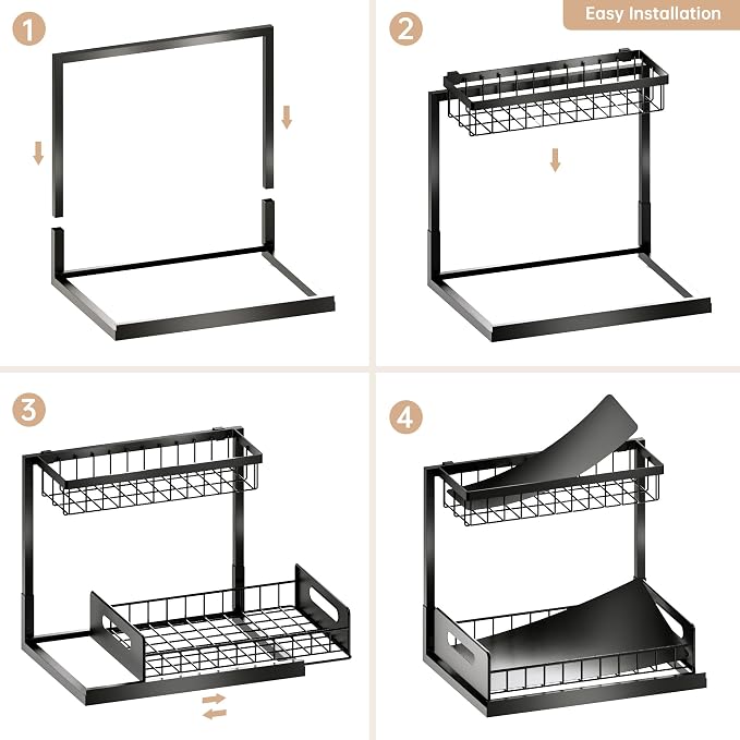 Under Sink Organizer and Storage, Slide Out Cabinet Organizer, Pull Out Sink Shelf for Kitchen Bathroom Laundry, Black, 1 Pack