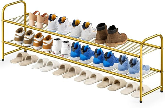 KEETDY 2-Tier Long Shoe Rack for Closet Metal Shoe Organizer for Entryway, Wide Stackable Shoe Storage Shelf with Sturdy Wire Grid for Closet Floor, Bedroom, Gold