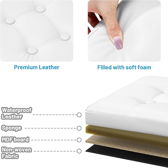 Bsketa Storage Ottoman Bench,17 Inch Folding Leather Foot Rest Stool, White | Small Ottoman with Side Pockets, Thicker Foam Padded Seat, Livingroom, Dorm, Bedroom, Easy to install, 43L,17x13x13in