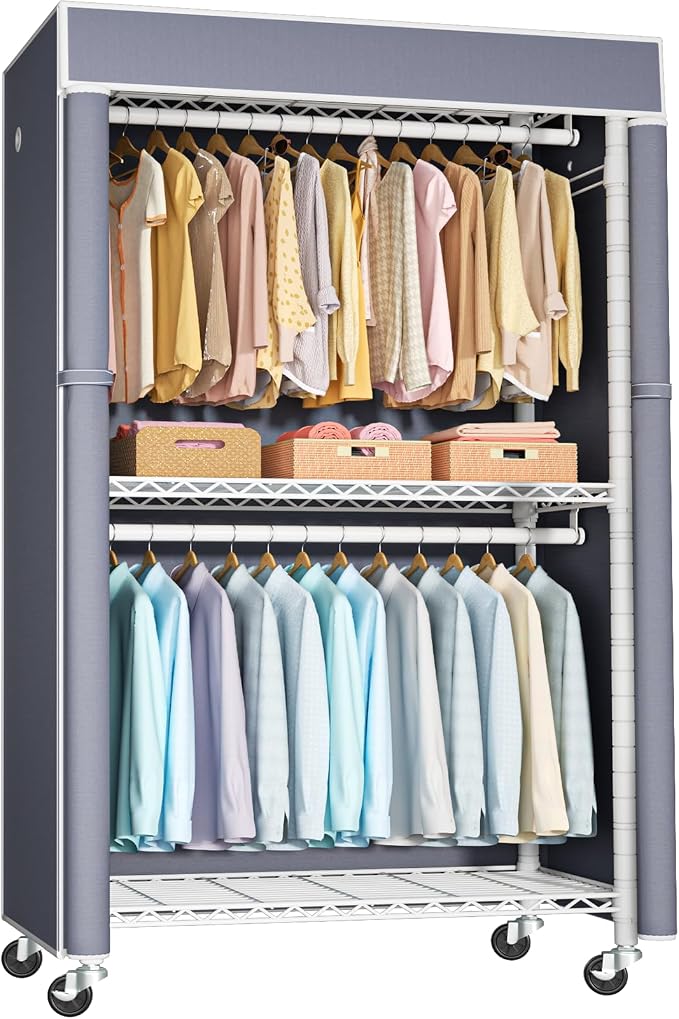 White Clothing Rack with Grey Cover, P1C Rolling Closet Rack with Wheels, Metal Garment Rack for Hanging Clothes, Clothing Storage Wardrobe, 36.2" W x 16.5" D x 80.5" H, Load 450 Pounds