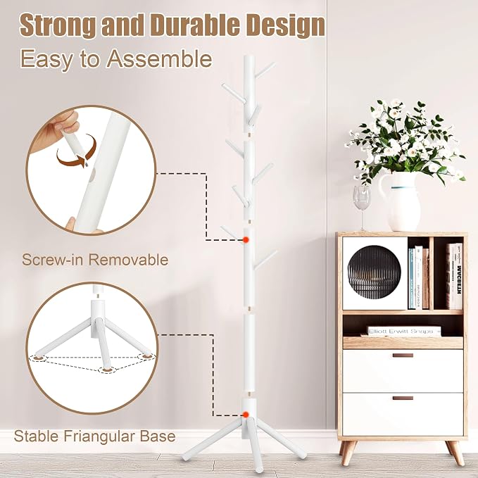 Aliphon Wooden Coat Rack Stand, Freestanding Coat Rack with 8 Hooks, 3 Adjustable Size Coat Tree for Hats, Coats, Scarves bags, Coat Hanger Stand Used in Bedroom/Office/Entryway, 2 PCS (White)