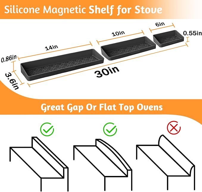 Foeacry Magnetic Stove Top Shelf 30"/24"/20", 3-Piece Silicone Over the Stove Shelf Spice Rack & Spice Organizer — Heat Resistant, No Drill Kitchen Storage Organizer for Gas & Electric Stoves