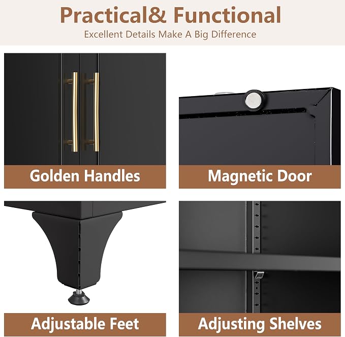 Polup 75" Tall Black Metal Pantry Storage Cabinet with 3 Drawers | Heavy-Duty Steel Kitchen Cabinet, 2 Adjustable Shelves & Magnetic Doors, Leveling Feet, for Dining Living Room, Laundry