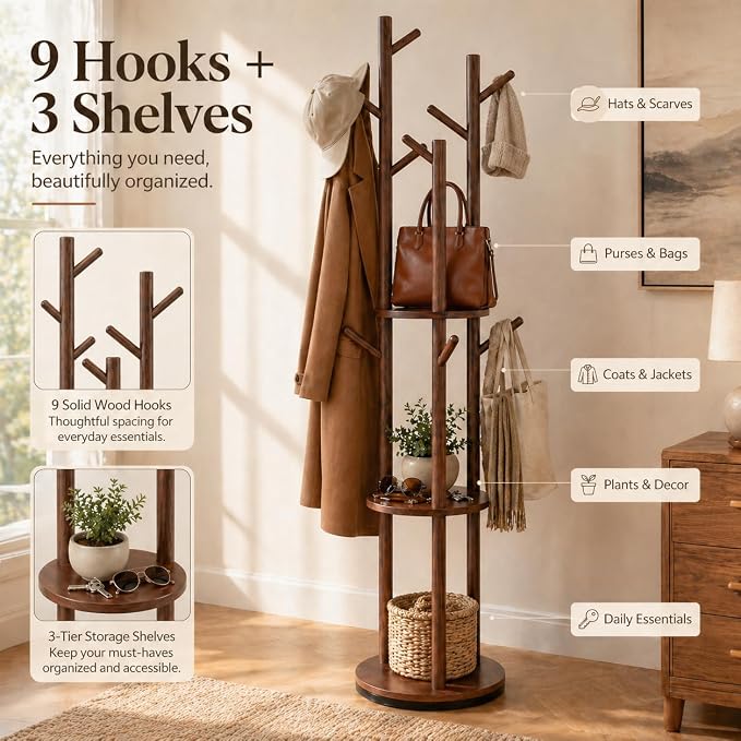 Solid Wood Rotating Coat Rack Freestanding, 360° Coat Tree with 3 Shelves & 9 Hooks, Heavy Duty Rubberwood Coat Hanger Stand, Hat Rack Hall Tree for Entryway Bedroom Office Hallway, Walnut