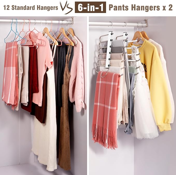 HUITEM Space Saving 6 Tier Pant Hangers, Anti-Slip, Lightweight, Stainless Steel, 2 Pack, White