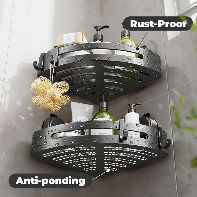 Shower Caddy Corner,Suction Cup Shower Caddy with Hooks,No Drilling Rustproof Aluminum Bathroom Organizers and Storage,Shelves for Bathroom Accessories Decor (1)