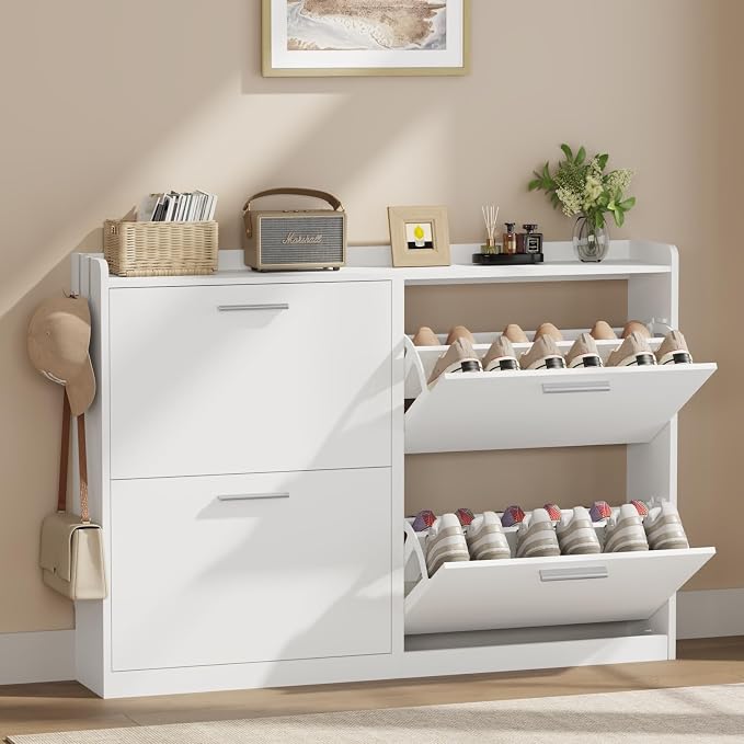 Modern Shoe Cabinet Organizer with 4 Flip Drawers, 47.2" W White | Freestanding shoe storage cabinet for entryway,foyer and hallway, space-saving flip drawers,Adjustable Shelves & 2 Hooks