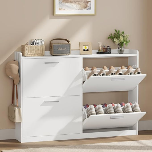 Modern Shoe Cabinet Organizer with 4 Flip Drawers, 47.2" W White | Freestanding shoe storage cabinet for entryway,foyer and hallway, space-saving flip drawers,Adjustable Shelves & 2 Hooks