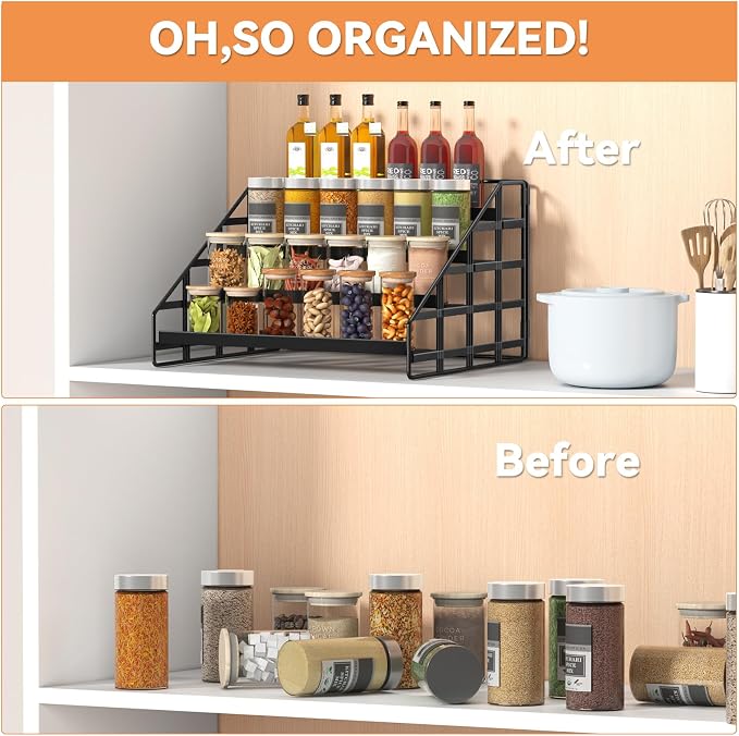 Bunoxea 4 Tier Adjustable Spice Rack for Cabinet & Countertop, Black | Depth Adjustable,Anti-drop Guard Rail,Tiered Cabinet Organizer,Holds 24+ Jars,for Cabinet, Pantry & Kitchen Countertop