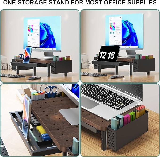 WALI Plastic Computer Monitor Stand with Storage, Desk Organizer with Drawer and Pen Holder, Desk Monitor Riser 3 Height Adjustable, Laptop Riser for Computer, Laptop, Printer(PTT003-C), 1 Pack, Brown