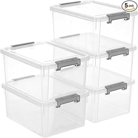 17QT Plastic Storage Bins with Lids, 5Packs Stackable Containers | Large Clear Storage Box with Durable Latching Organizing for Garage,Closet,Kitchen
