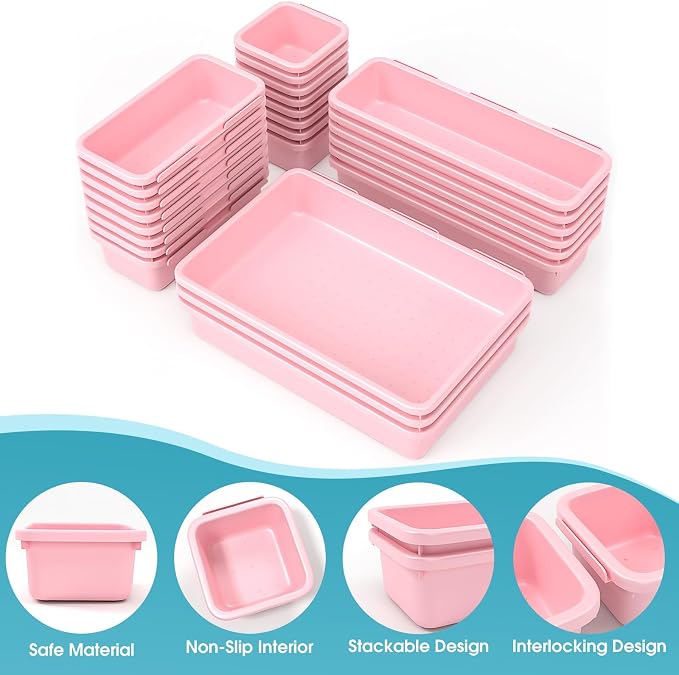 25 PCS Drawer Organizer Set, 4 Size Makeup Drawer Divider Organizer With Non-Slip Pads, Interlocking Plastic Storage Bins for Office,Jewelry Vanity,Gadgets, Bathroom,Kitchen, Pink