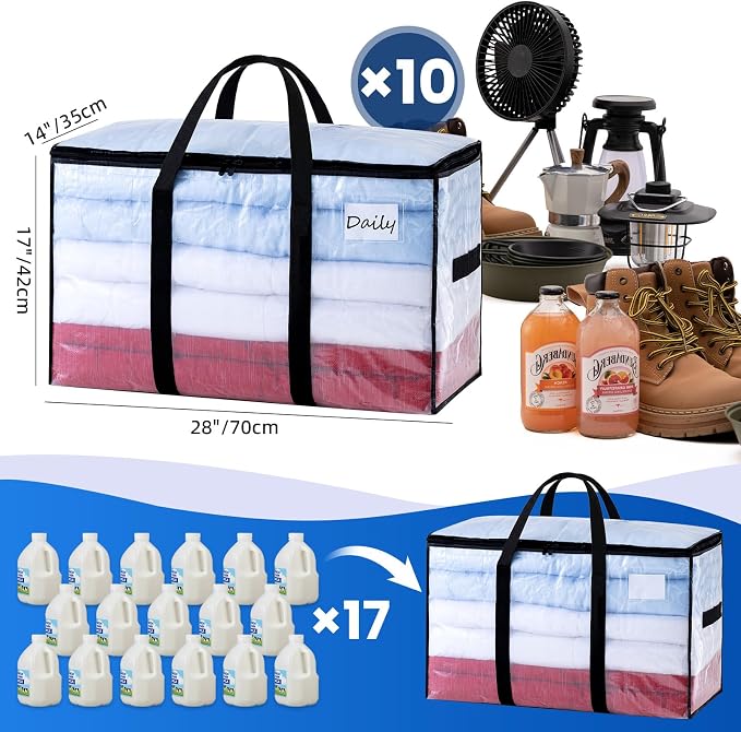 TAILI Extra Large Moving Bags, 10 Pack Clear Heavy Duty Totes For Storage with Visible Window, Wrap Around Handles, Storage Bags for Space Saving, Alternative to Moving Boxes