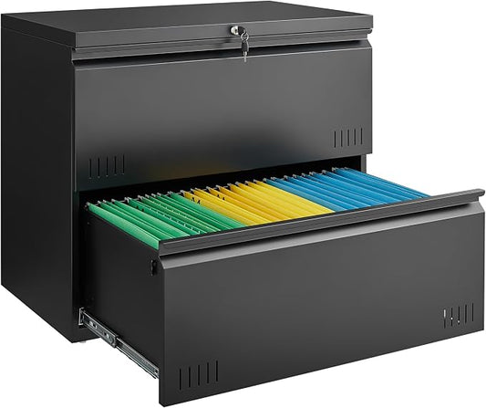 Guizeeopo Metal File Cabinet with Lock, 2 Drawer Lateral File Cabinets for Home Office, Printer Stand, Heavy Duty Office Storage Cabinet for A4/Letter/Legal Size, Assembly Required(Black)