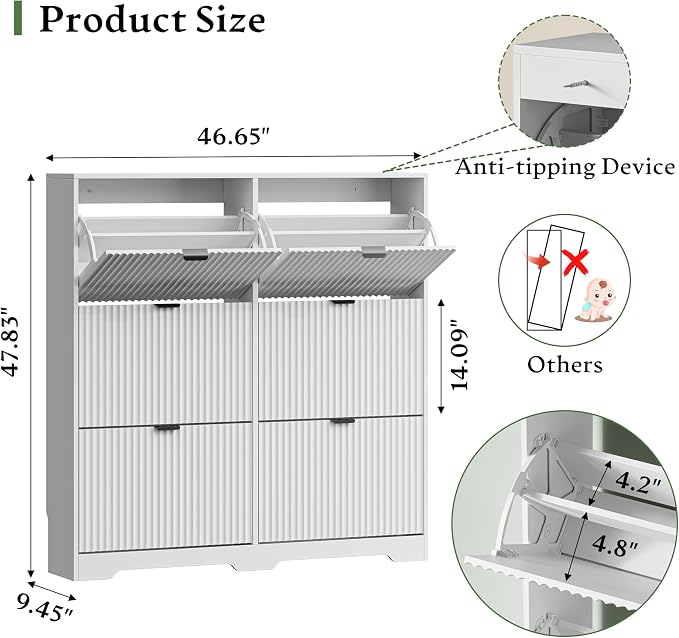 Xixini Shoe Storage Cabinet for Entryway with 6 Flip Drawers, Hidden Slim Wood Shoe Organizer with Modern Fluted Panel, Freestanding Narrow Shoe Rack for Front Door Entrance, Hallway, Foyer, White