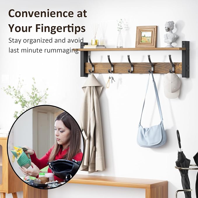 Optish Coat Rack Wall Mount with Shelf, 24 Inch Coat Hanger Walls Mounted, Hat Rack for Walls, Shelf with 5 Coat Hooks, Wall Hanger for Entryway (Brown)