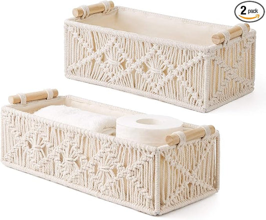 Mkono 2Pc Macrame Storage Baskets, Boho Bathroom Toilet Paper Holder, Ivory | Small Baskets for Organizing, Hand-Woven, Bohemian Beach Coastal Decor, Shelf Vanity Cabinet Bedroom Living Room Office Dorm