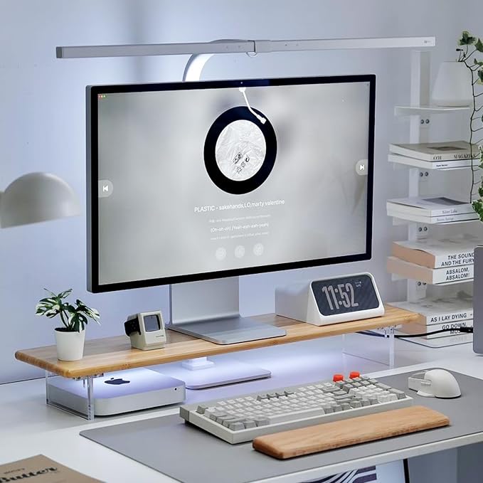 Bamboo Monitor Stand, Desk Shelf with Acrylic Legs and RGB Lights | 31.5-Inch Wide, 3.3-Inch Clearance, Fits Monitor, Laptop, Printer and Speakers for Small Desks