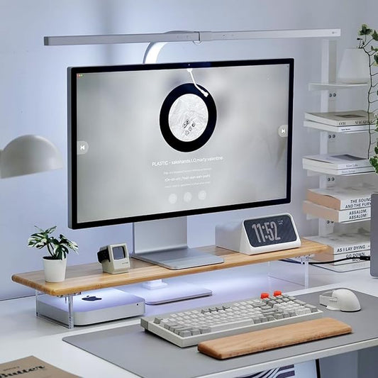 Bamboo Monitor Stand, Desk Shelf with Acrylic Legs and RGB Lights | 31.5-Inch Wide, 3.3-Inch Clearance, Fits Monitor, Laptop, Printer and Speakers for Small Desks