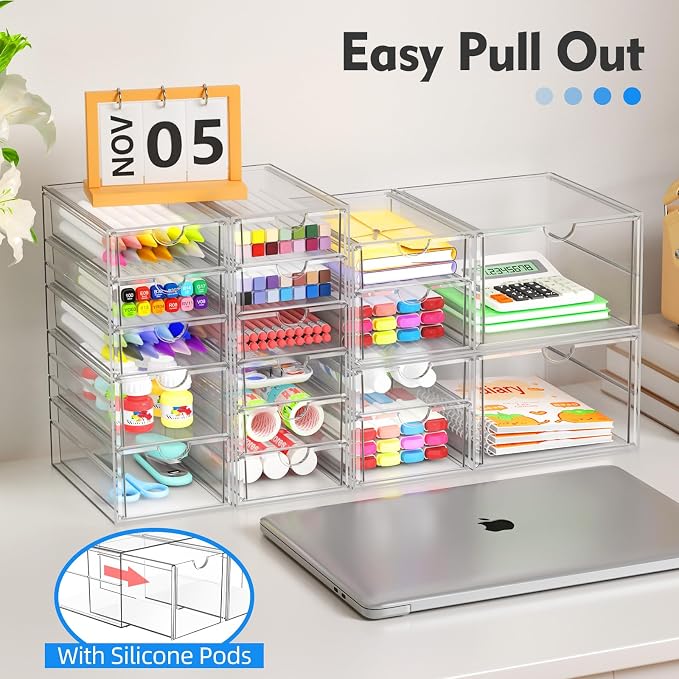 ARSTPEOE Acrylic 13-Drawer Storage & Makeup Organizer for Desk, Bath | Smooth-glide drawers, clear acrylic, stackable, dustproof, wipe-clean, for eyeliners, lip liners, markers, push pins,pen