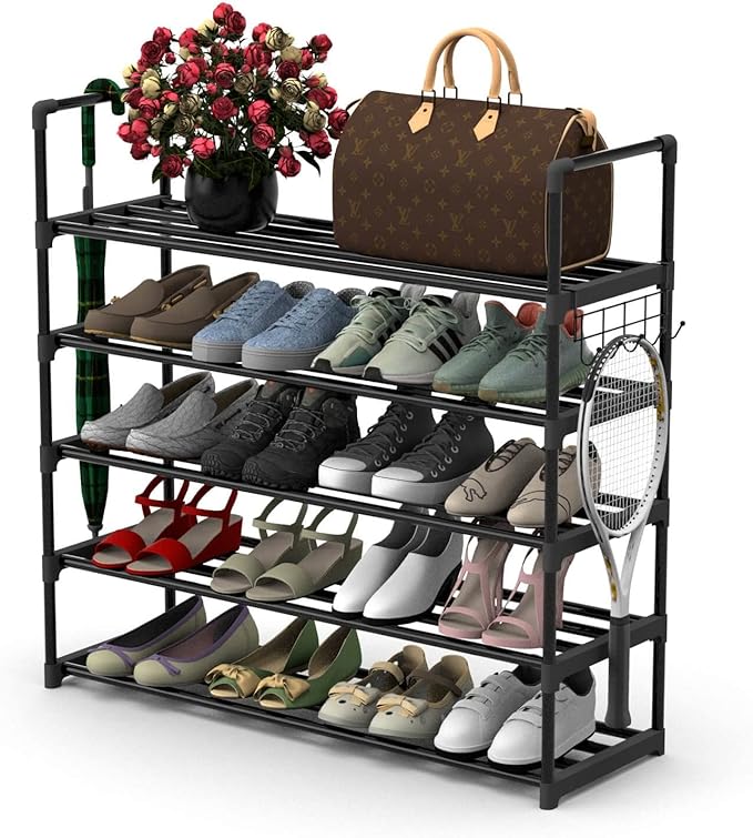 Hsscblet 5 Tiers Metal Shoe Rack,Adjustable Shoe Shelf Storage Organizer with Hooks,Stackable Boot & Shoe Storage,for Entryway,Hallway,Closet,Black